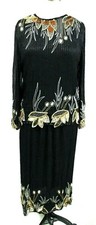 Heavily Beaded VTG 80s 2pc Silk Dress Set Black Disco Glam Sequins Bugle Beads S