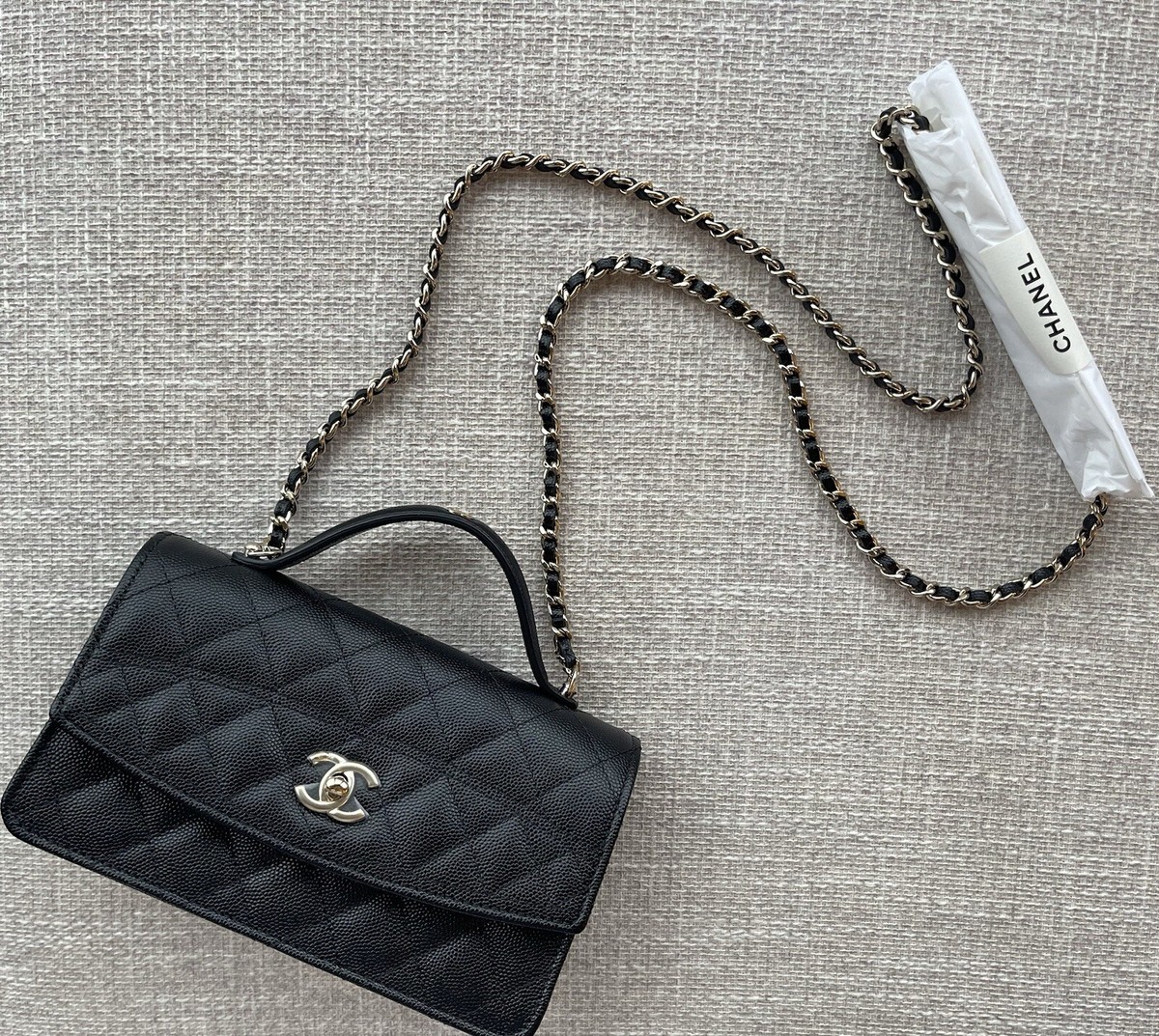 New 25C Chanel Black Grained Calfskin Top Handle Wallet Clutch