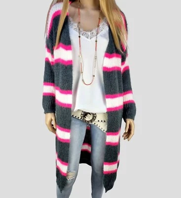 Italy Lagenlook Lange Jacke Mantel Tunika Moderne Streifen Bequem Grau-Rosa - Bild 1 von 4