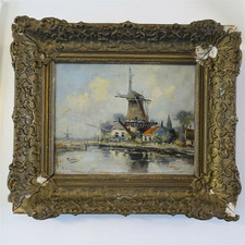 Antique oil painting to restore Paul von Ravenstein Dutch windmill Dieden framed