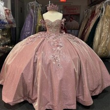 Pink 3D Floral Quinceanera Dress Off The Shoulder Glitter Sweet 15 16 Ball Gowns