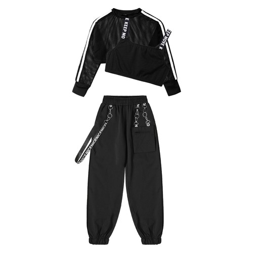Kids Girls Dance Outfit Metal Chain Pants Hip-hop Dance Clothes 3Pcs Mesh Set - Picture 13 of 32