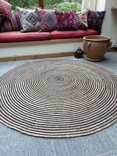 Rug Round Rugs Jute Natural Black Cotton Mat Braided Stripe Reversible Mats - Picture 10 of 41