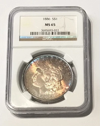 🇺🇸1886-P Morgan Silver Dollar Graded By NGC At MS65 Toned Both Sides. BU