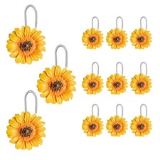 12 PCS Yellow Sunflower Shower Curtain Decor Hooks Summer Resin Rings