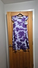 Lilac Leaf Print Smocked Dress Floaty Summer Holiday Style Size L (UK 12/14)