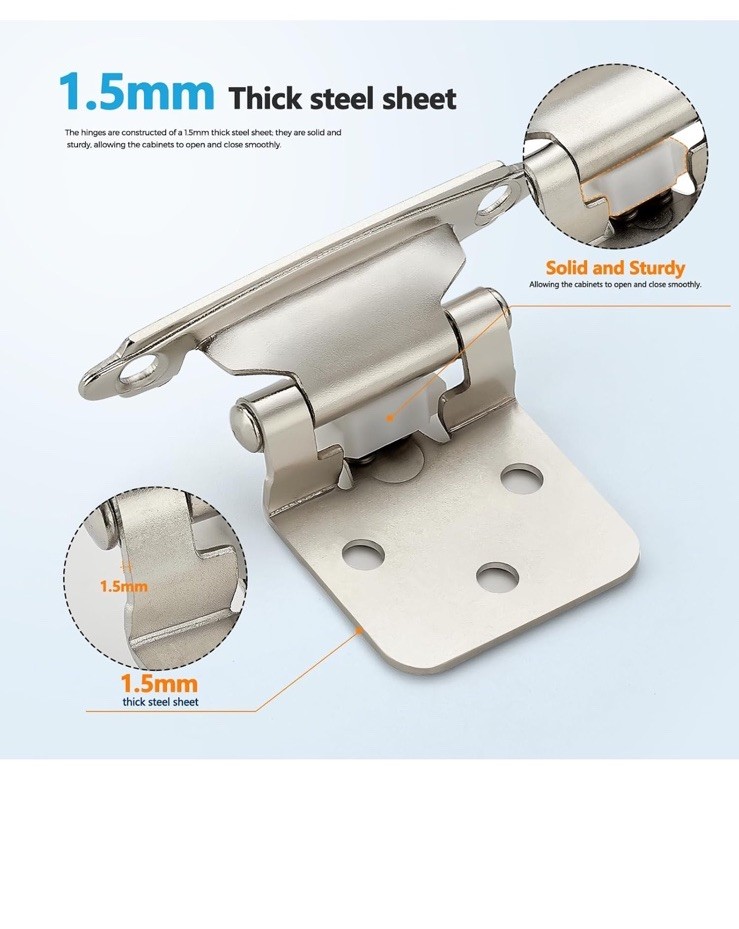 50 Pack (25 Pairs) 1/2 Inch Overlay Kitchen Cabinet Hinges, Satin Nickel