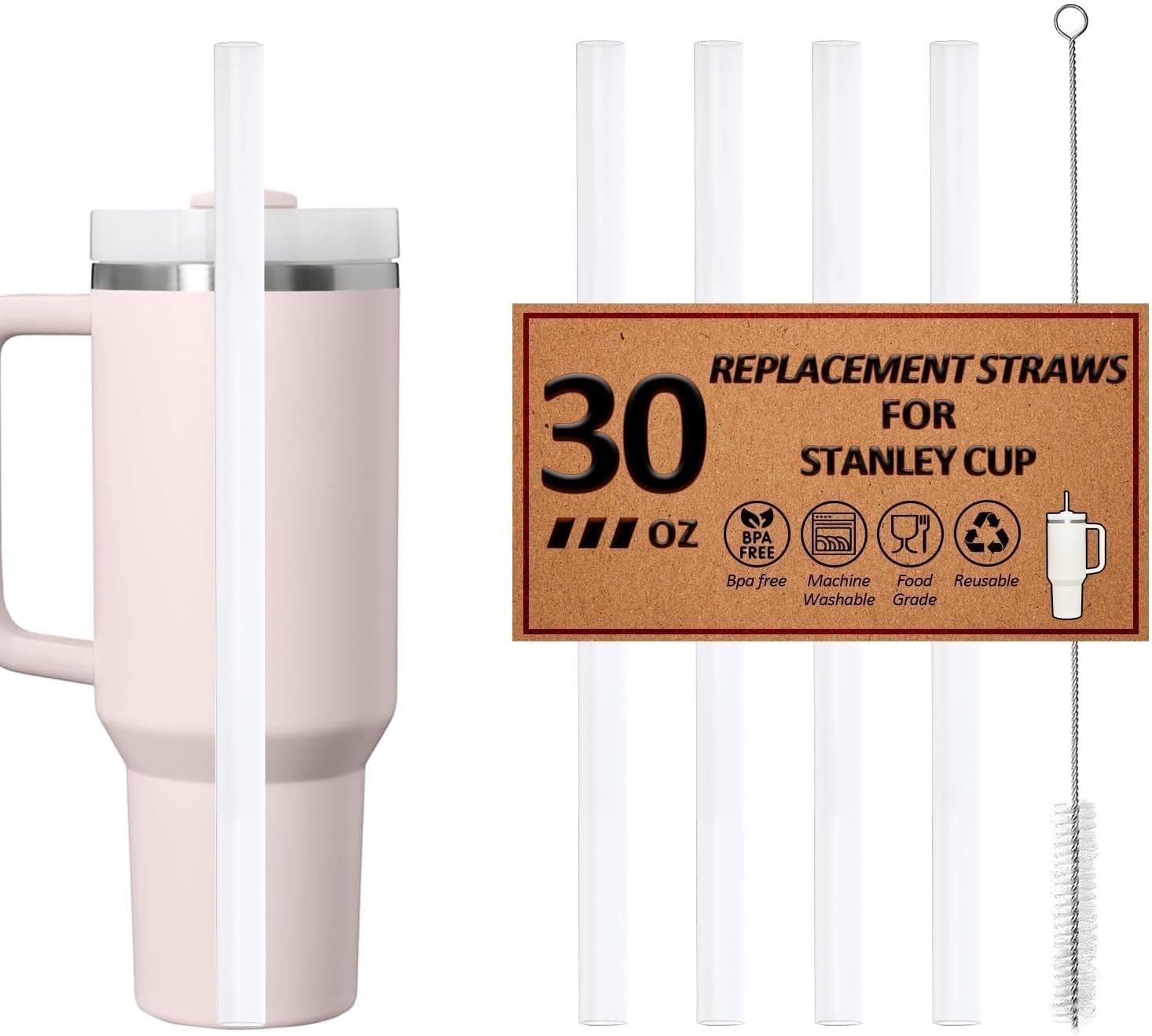 Reusable Straws for Stanley Cup 30oz | 40oz, Replacement Long Straw with 1 Brush