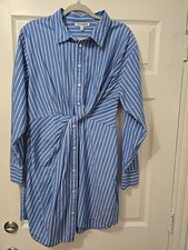 Steve Madden Nadia 100 Cotton Blue and White Stripe Twist Front Shirt Dress S