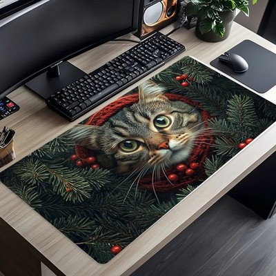 40*90cm Large Mouse Pad with Cute Gray Cat in Red Scarf & Green Leaves Design -