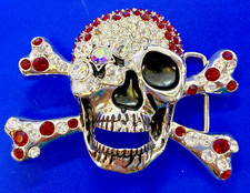 Pirate Skull Head Crossbones Red Clear Rhinestone Covered Costplay Belt Buckle