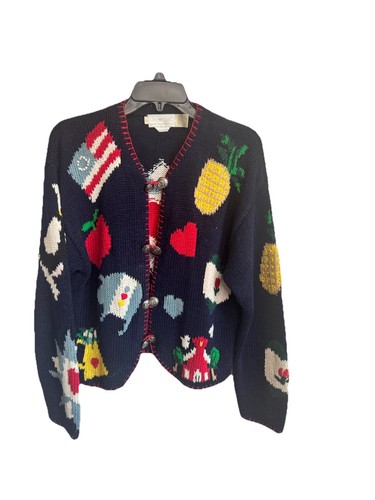 Vintage 80/ 90s Eagles Eye Cardigan Hand Knit Sweater Country Life Sz L - Quilt - Picture 10 of 13