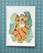 ACEO Original-3.5 X 2.5 Inch Art Card-Watercolor Orange Blob Cat by morkazano