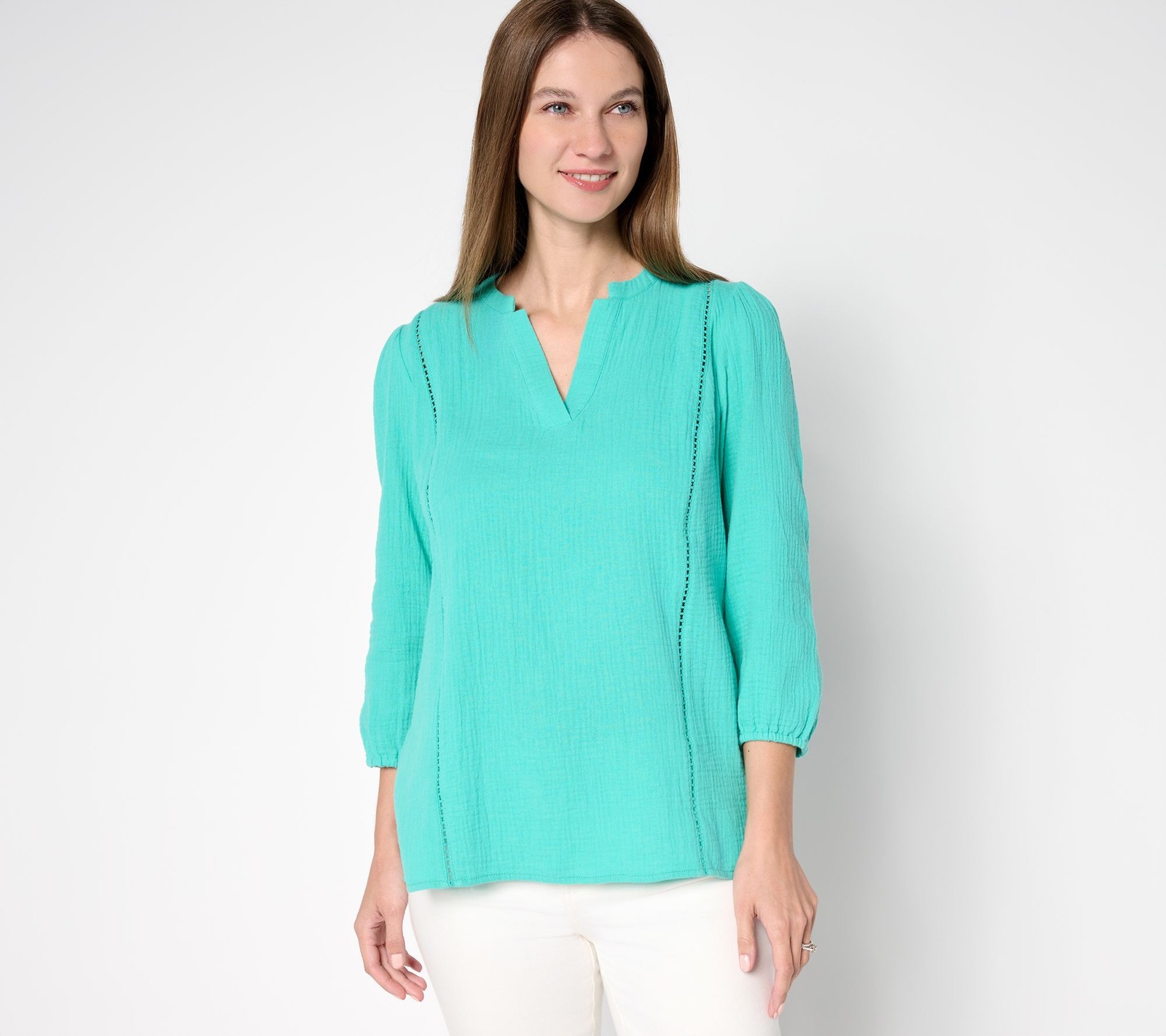 Belle by Kim Gravel Women's Top Sz M 100% Cotton Gauze Ladder Lace Blue A691516