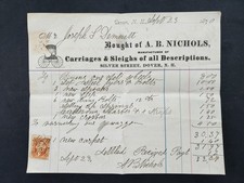 SELLO DE INGRESOS 1870 antiguo AB NICHOLS DOVER NH CABEZA DE PICO CARRUAJES TRINEOS