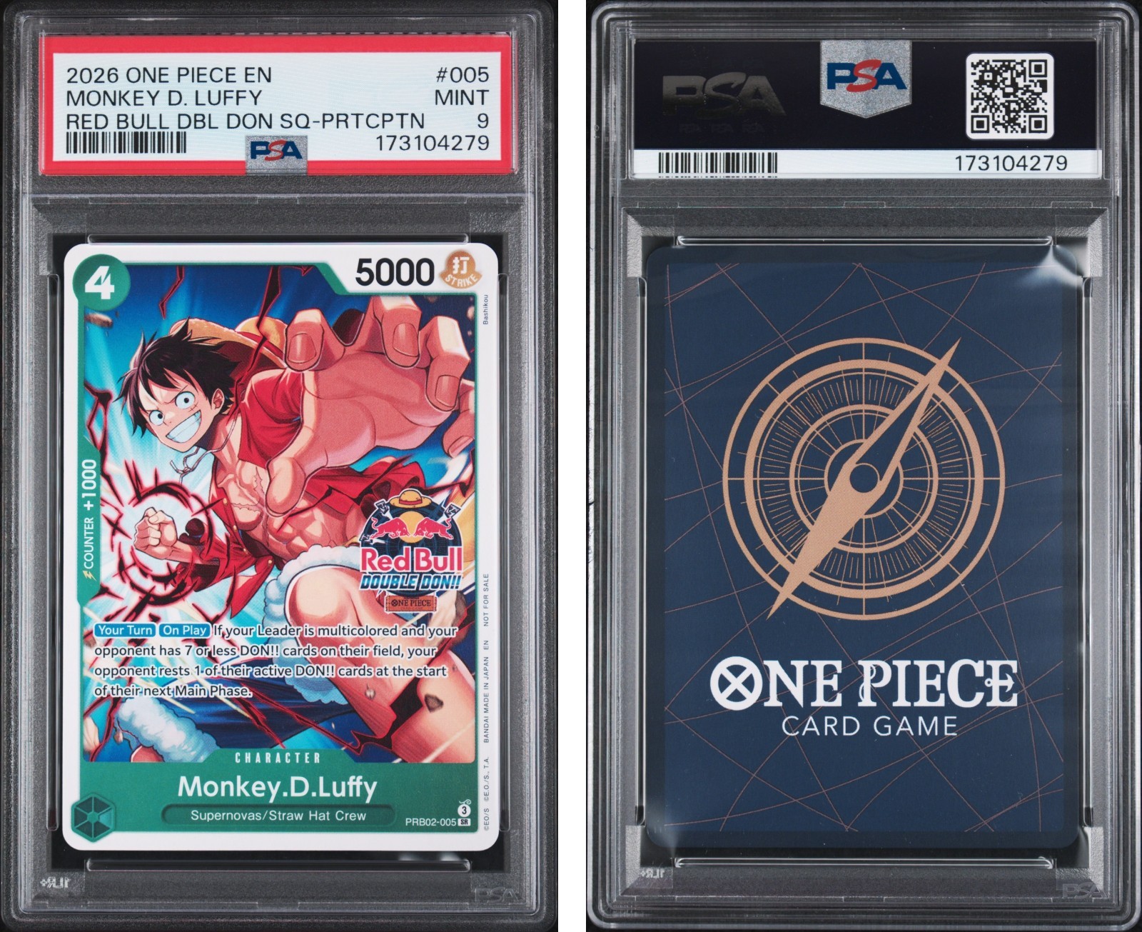 One Piece Luffy PRB02-005 SR Red Bull Double Don Store Qualifier Promo PSA 9 view 3