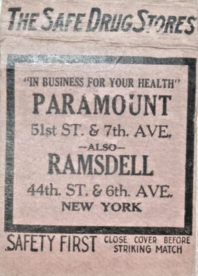 1920's SAFETY FIRST - PARAMOUNT DRUG - RAMSDELL DRUG - MIDTOWN - NYC  - EX