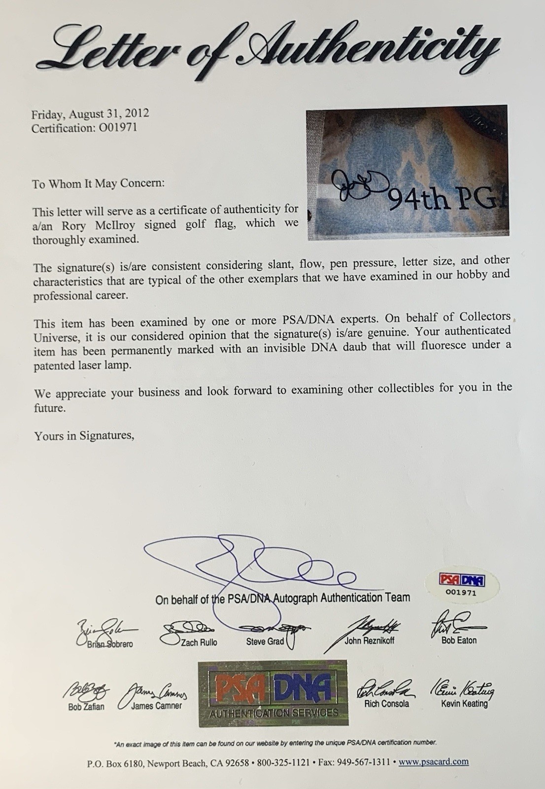Rory Mcilroy signed 2012 Pga Championship Flag Kiawah golf white psa dna loa view 11