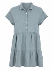 Tahari 100% Linen Babydoll Dress Sz L Blue Tiered Collared Button Front Casual