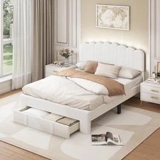 CANMOV Full Size Bed Frame w/ Storage Drawer & Adjustable Headboard Wooden Slats