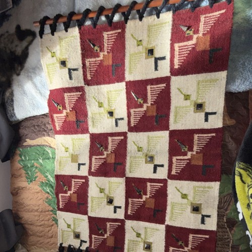 Peru  Handmade Rug Textile Geometric Bird Design Red Cream 