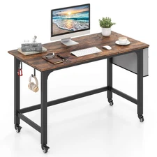 Rolling Computer Desk Metal Frame PC Laptop Table Wood Top Study Workstation