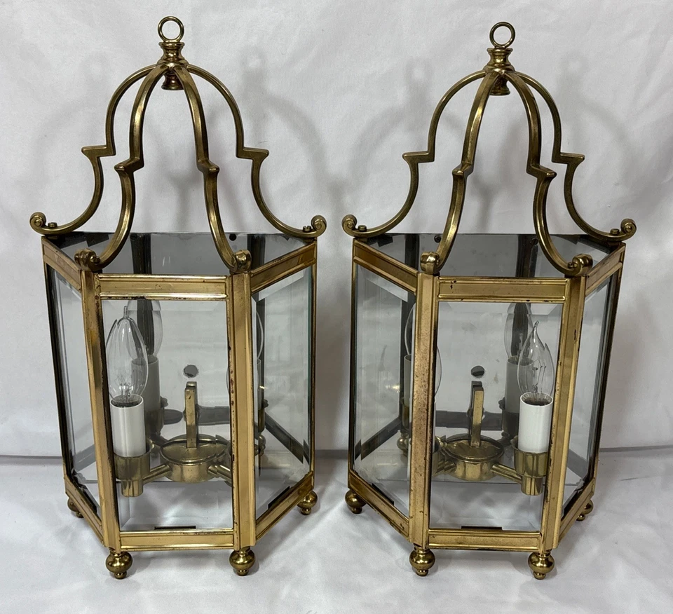 复古中世纪一对黄铜和 3 面斜面玻璃壁灯壁灯 — 第 2/4 张图片