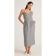 Quince Womens European Linen Scoop Neck Midi Dress Gingham Size Small