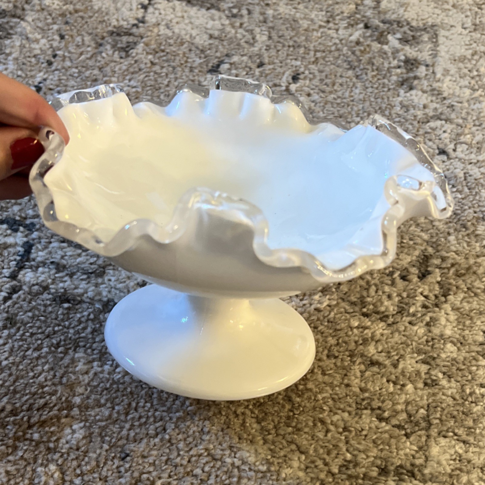 Milk Glass Pedestal Compote Bowl White Clear Ruffled Edge Glossy Round