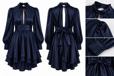 Womens Navy Blue Satin Style Long Sleeve Keyhole Ruffle Mini Dress Large