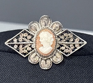 Antique 900 Silver Filigree Shell Cameo Brooch Vintage Marked ISCE