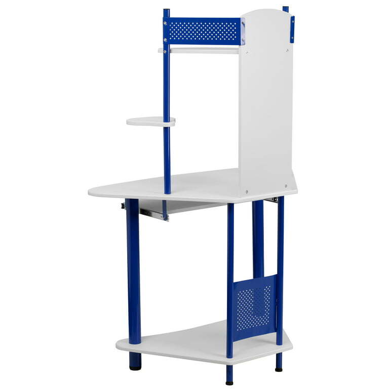 Blue Corner Computer Desk Study Writing Table with Hutch,Blue and White