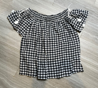 Ann Taylor Loft Shirt 2xs Petite Blouse Buffalo Plaid Black White Off