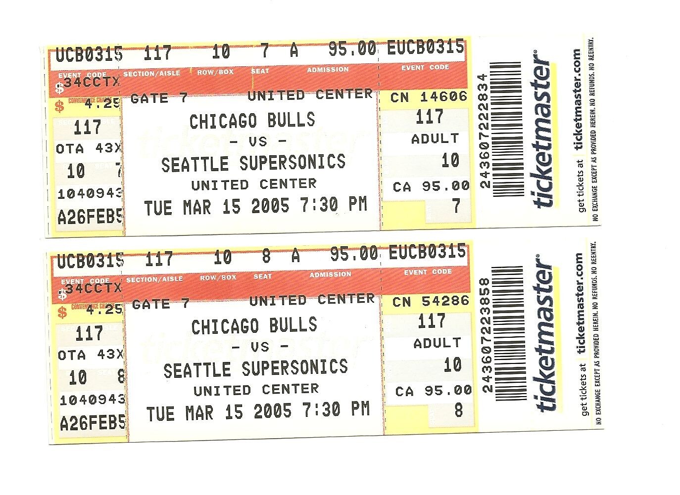 Chicago Bulls vs Seattle Supersonics Unused Basketball Tickets March 15, 2005