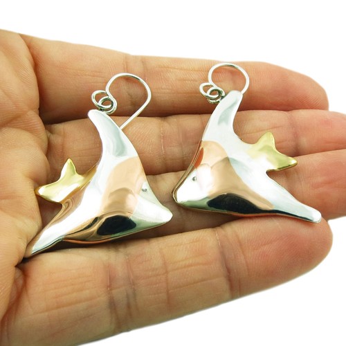 925 Sterling Silver Fish Earrings Quality Mixed Metal Angelfish Large Drops - Picture 6 of 6