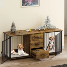 74" Large Double Dog Crate Furniture Indoor Wooden Dog Kennel crate TV Stand