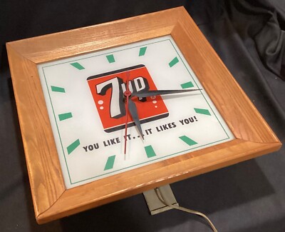 Great Vintage 1960s 7UP Soda Advertising Clock Sign Wood Frame