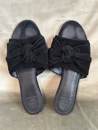 Tory Burch Black Annabelle Suede Bow Leather Sole Slide Sandal Size 10