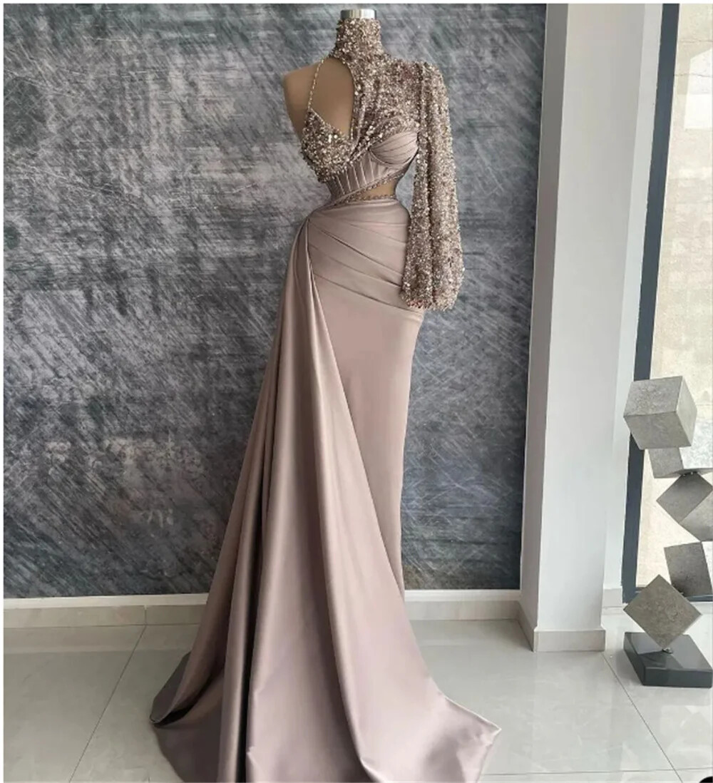 Sequined Evening Dresses Rose Pink Detachable Train Satin Cut Out Full  Sleeves | eBay