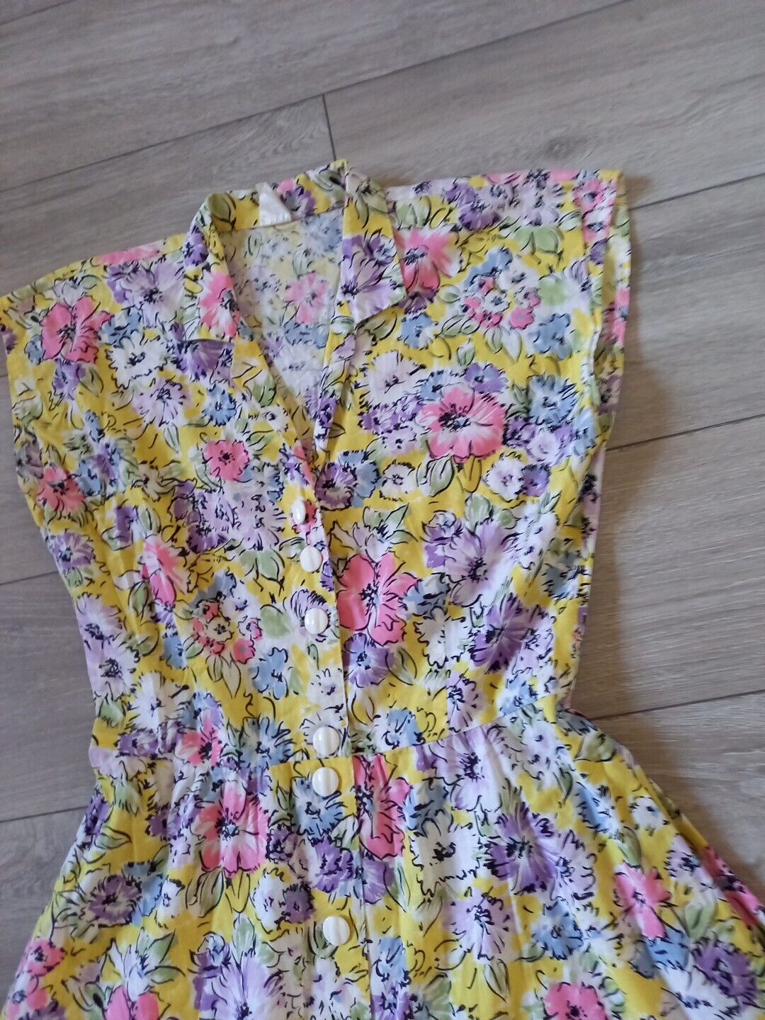 Yellow Floral Cotton Dress Vintage 80's Button Fr… - image 14