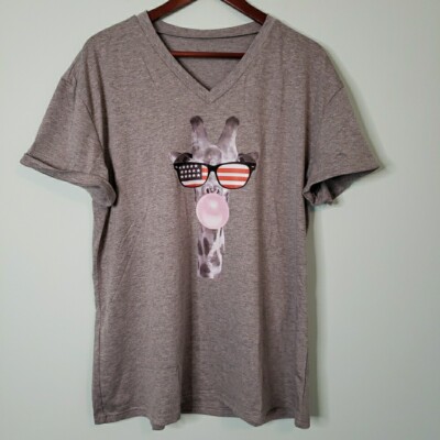 Womens Funny T Shirt Patriotic Giraffe V Neck Animal Whimsical Gray Top Size XXL