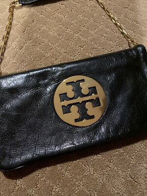 Tory Burch Black Shoulder Bag with Front Gold Emblem and Gold