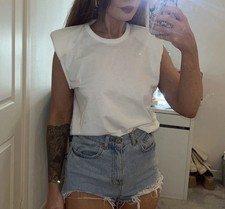 Mango Padded Shoulder White Top Side Small New With Tags