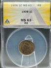 1908 Indian Head Cent — ANACS MS63 RB — Red‑Brown Mint State