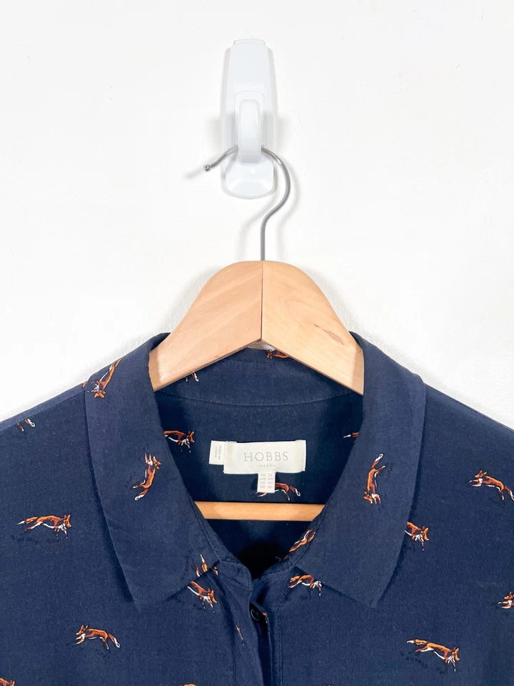 Vestido Hobbs Talla 14 Azul Marino Camisa Lainey Midi Abotonada Estampado de Zorro Ajuste Acampanado Foto 2 de 4