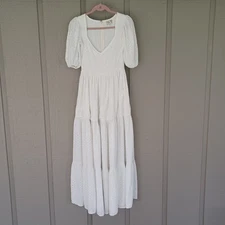 Mille Maja Eyelet Dress Size XS Feminine Pockets Tiered Puff Sleeve In Perl