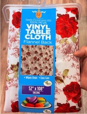 Vinyl Flannel Back Tablecloth, 52"x108" Rectangular, Red ROSES on Floral Toile