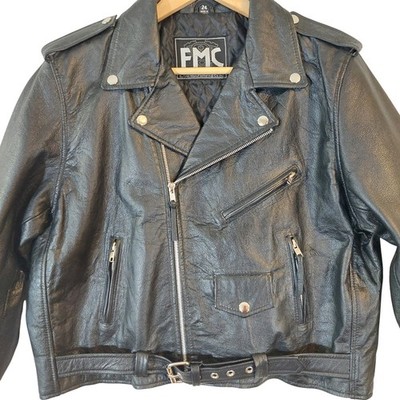 Vintage FMC 100% Black Leather Motorcycle Jacket belted women's Biker Rocker L