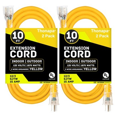 2 Pack Lighted Outdoor Extension Cord 10 ft - 12 Gauge 15 Amp Heavy Duty - SJTW
