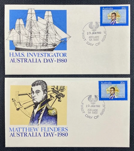 2 x Australia Day 1980 Matthew Flinders FDC First Day Covers Adelaide Postmarks